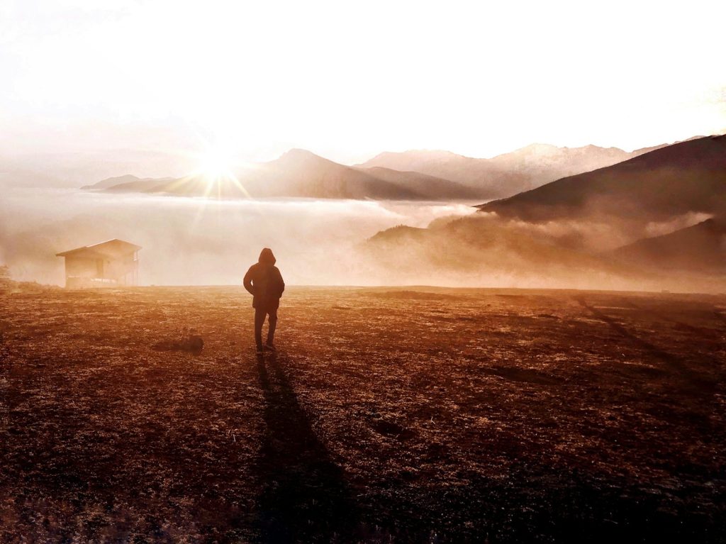 a person standing in the middle of a field